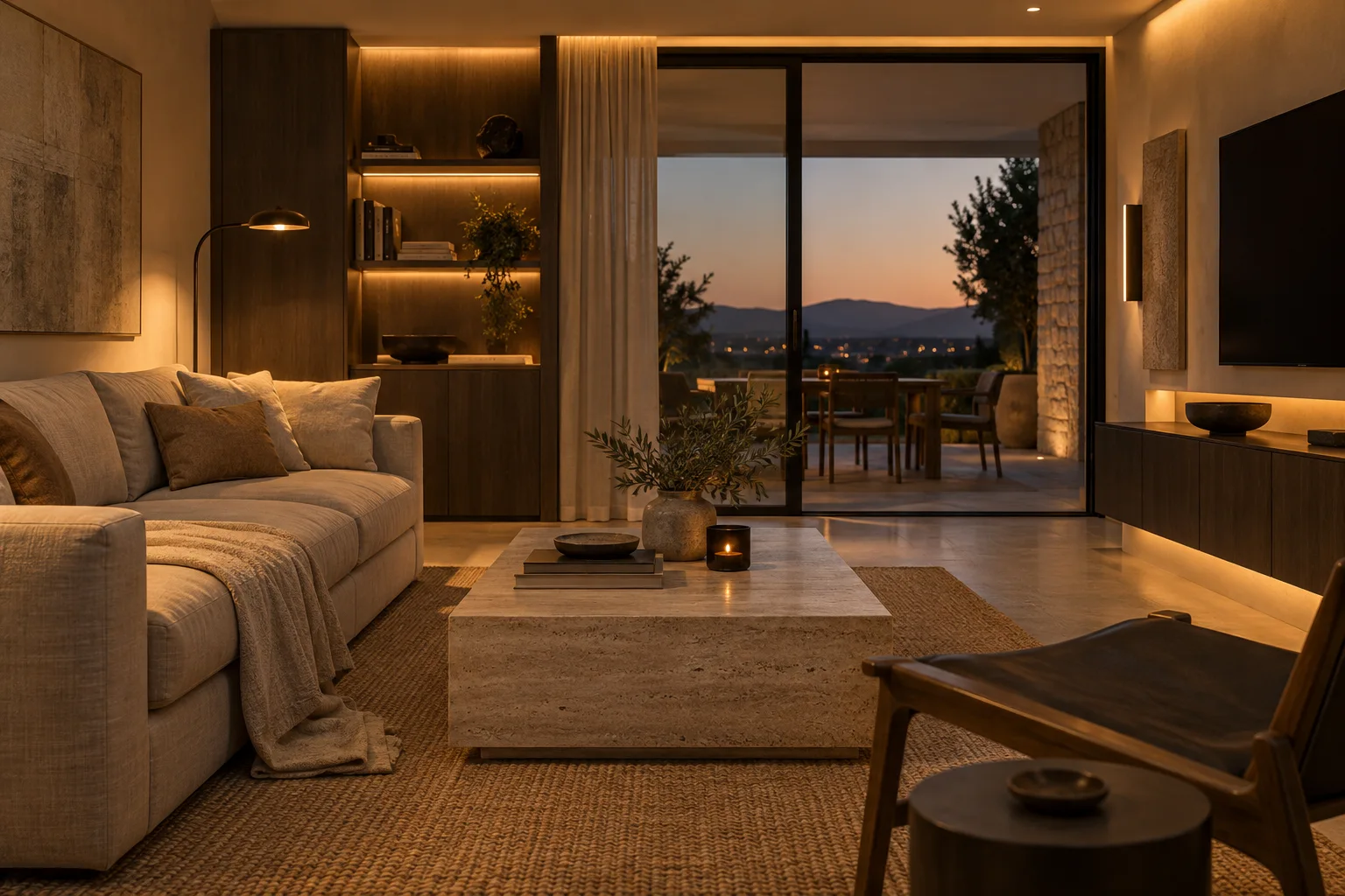 Salón con luz indirecta cálida, muebles de madera y un sofá de lino al anochecer