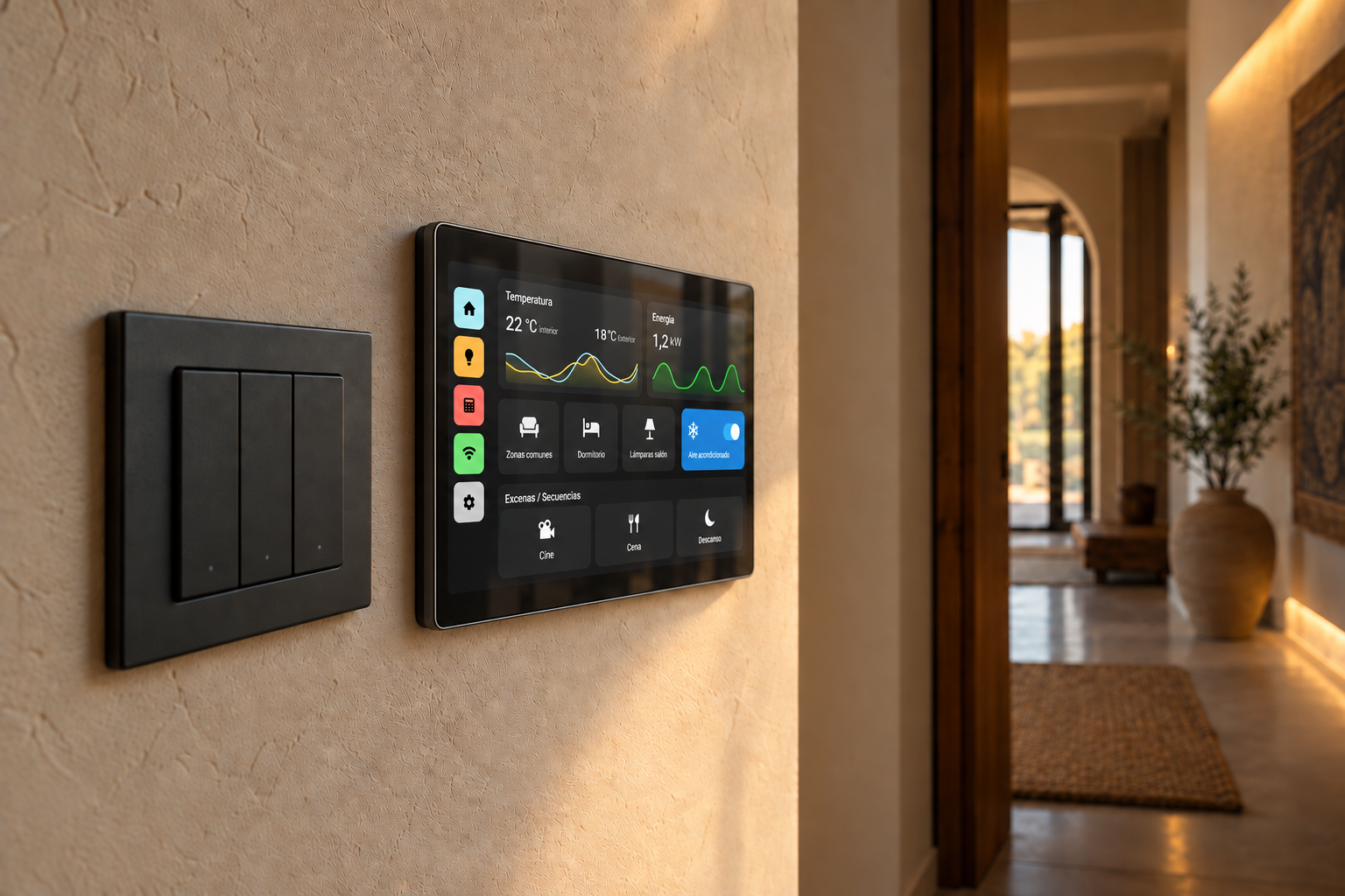 Panel mural domótico con controles genéricos de temperatura, energía, estancias y escenas